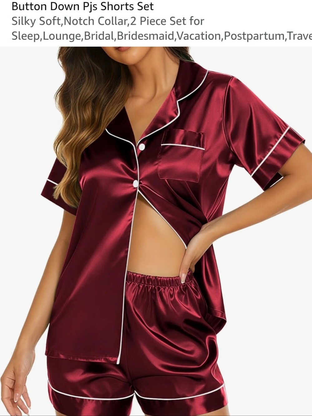 Silky Button-Down Short Pajama Set in Burgundy with Contrast Piping